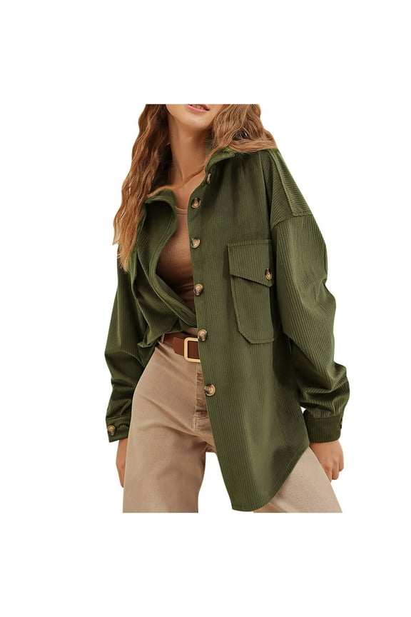 Sales Corduroy Shacket Jackets for Women Casual Comfy Girls Fall Fashion Tops Long Sleeve Button Knit Jacket Womens Lapel Bust Pocket Outwear Green XXL