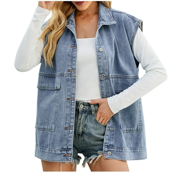 HAPIMO Sales Denim Jacket Vest for Women Long Sleeve Womens Lapel Bust Pocket Outwear Casual Comfy Solid Button Down Sleeveless Jacket Girls Fall Fashion Tops Blue S