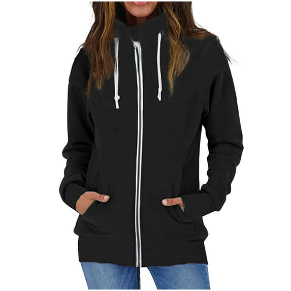 HAPIMO Sales Hoodie Zipper Sweatshirts for Women Casual Color Block Turtleneck Drawstring Coat Top Outdoor Clothes Jacket Outerwear Black M