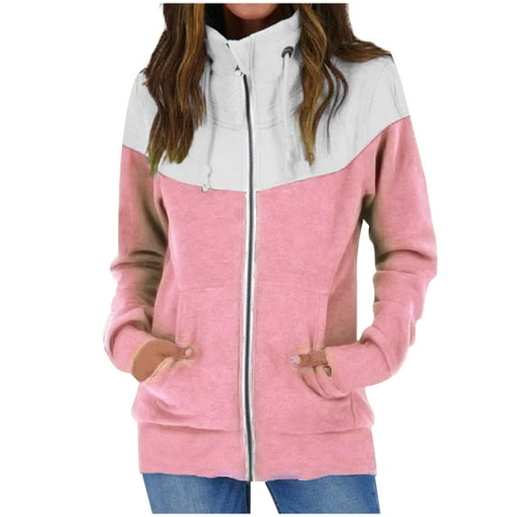 HAPIMO Sales Hoodie Zipper Sweatshirts for Women Casual Color Block Turtleneck Drawstring Coat Top Outdoor Clothes Jacket Outerwear Pink XL