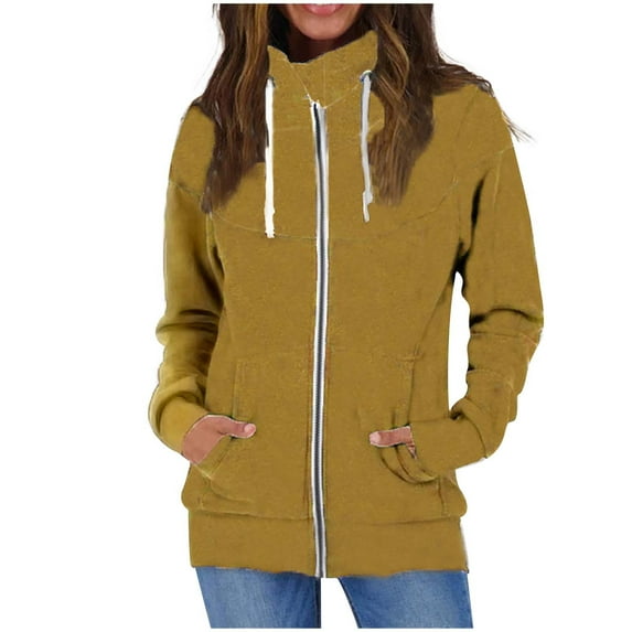 HAPIMO Sales Hoodie Zipper Sweatshirts for Women Casual Color Block Turtleneck Drawstring Coat Top Outdoor Clothes Jacket Outerwear Yellow XL