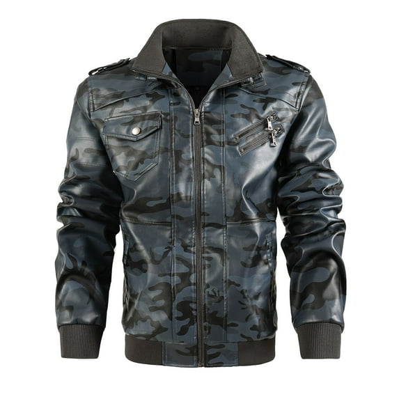 HAPIMO Sales Men's Biker Jacket Stand-up Collar Multi Pocket Zipper Color Matching Casual Slim Leather Jacket Dark Blue