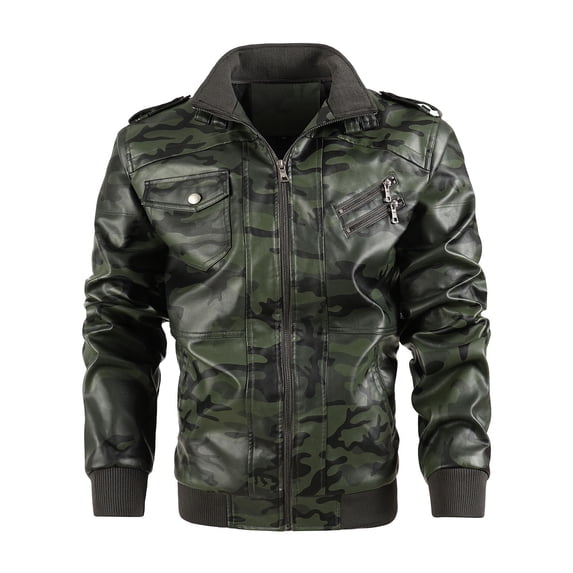 HAPIMO Sales Men's Biker Jacket Stand-up Collar Multi Pocket Zipper Color Matching Casual Slim Leather Jacket Green