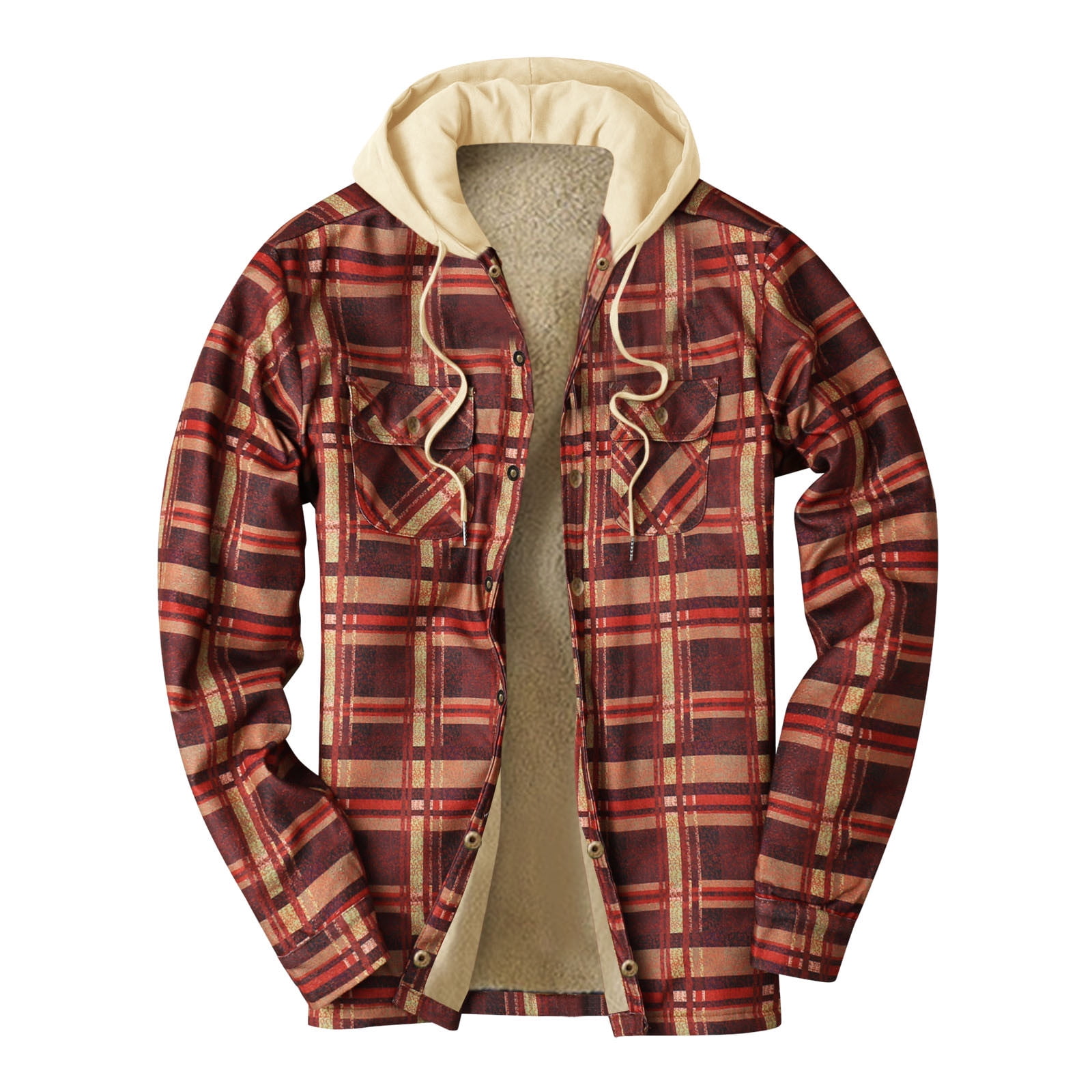 HAPIMO Sales Men s Cotton Plaid Shirts Jacket Fleece Lined Flannel Shirts Sherpa Button Down Drawstring Jackets with Hood for Men Red M Walmart