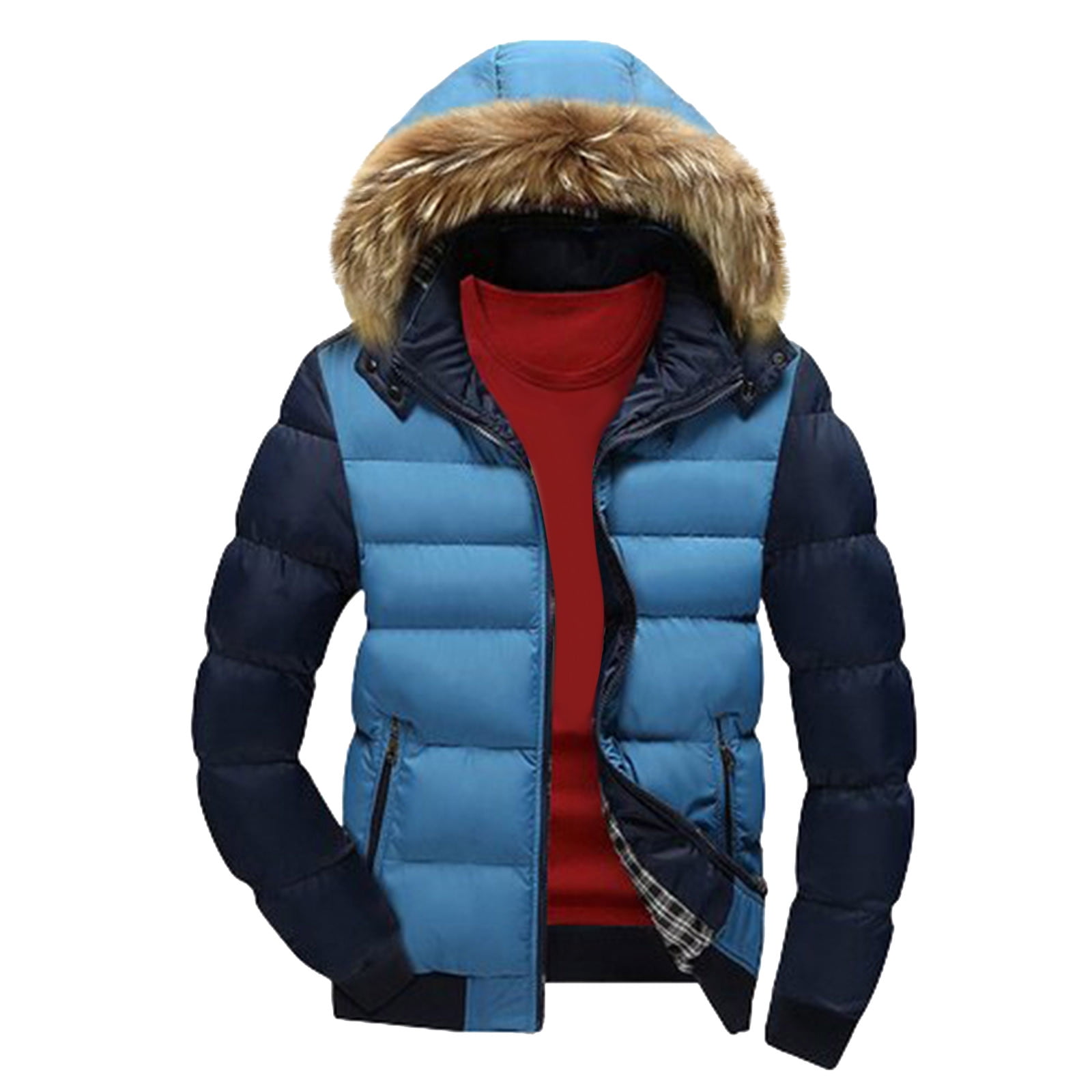 HAPIMO Sales Men's Fashion Puffer Jacket Color Patchwork Zipper Quilted  Thickened Multi Pocket Hooded Fall Winter Cotton Jacket with Drawstring Red  XXXXL 