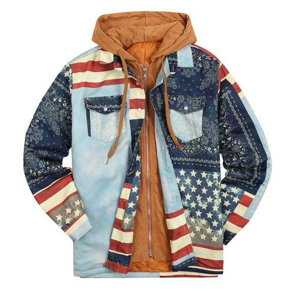 HAPIMO Sales Men's Flannel Fake Tow-Piece Jacket Thick Quilted Stars Graphic Printed Color Patchwork Hooded Jacket Padded Cotton Jacket with Pocket Blue M