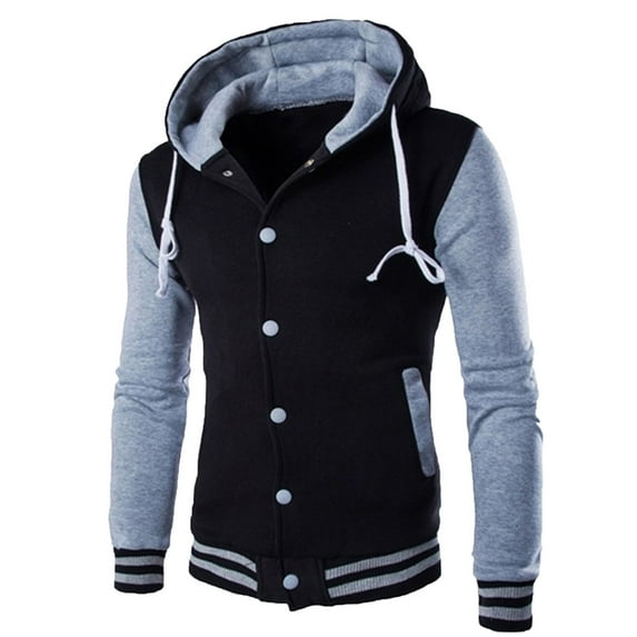 HAPIMO Sales Men's Hooded Jacket Outdoor Button Down Single-breasted Pocket Patchwork Jacket Tooling Baseball Uniform Jacket with Drawstring Gray XL