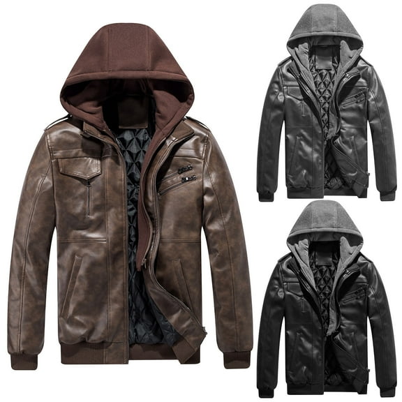 HAPIMO Sales Men's Motorcycle Leather Jacket Quilted Warm Jacket Multi Pocket Thickened Detachable Hooded Plus Size Hooded Jacket Black M