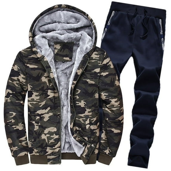HAPIMO Sales Men's Zip Up Hooded Winter Jacket Plush Warm Winter Fuzzy Sherpa Lined Camouflage Jackets Sports Pants Fleece Suit For Men Blue XXXXL