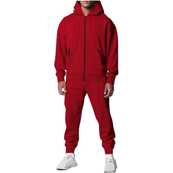HAPIMO Sales Mens Hoodie Two Piece Sets Long Sleeve Solid Zipper Thicken Plush Pocket Drawstring Pullover Tops Relaxed Sweatshirt for Men Teen Boys Clothes Red