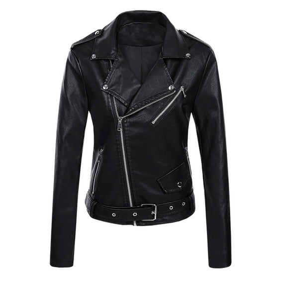 HAPIMO Sales Motorcycle Leather Jacket for Women Solid Lapel Collar Jacket Womens Silm Biker Outwear Long Sleeve Girls Fall Fashion Tops Casual Comfy Black M