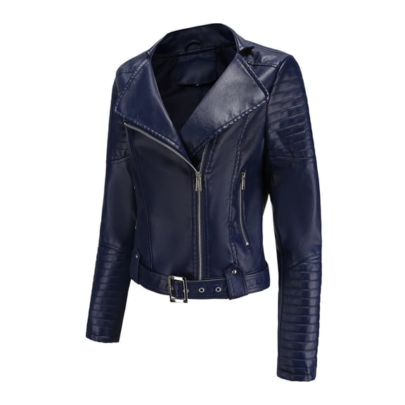 HAPIMO Sales Motorcycle Leather Jacket for Women Solid Lapel Collar Jacket Womens Silm Biker Outwear Long Sleeve Girls Fall Fashion Tops Casual Comfy Blue S