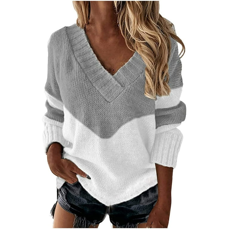 HAPIMO Sales Oversized Sweaters for Women Deep V Neck Long Sleeve