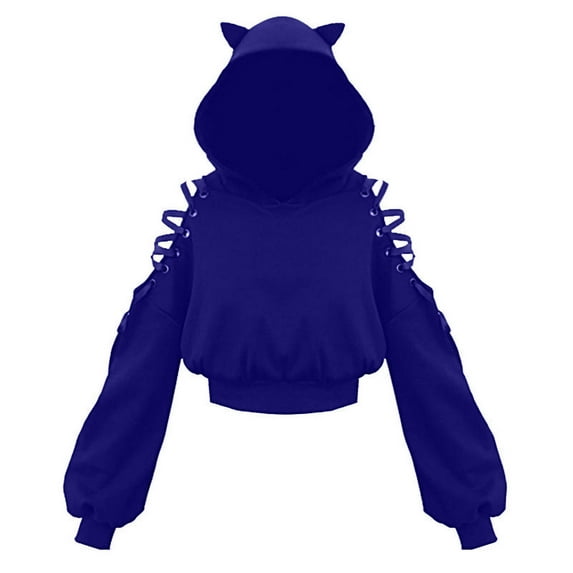 HAPIMO Sales Sweatshirt for Women Bandage Cute Cat Ear Crop Pullover Tops Solid Color Long Sleeve Relaxed Fit Womens Hoodie Sweatshirt Teen Girls Clothes Blue XXXL