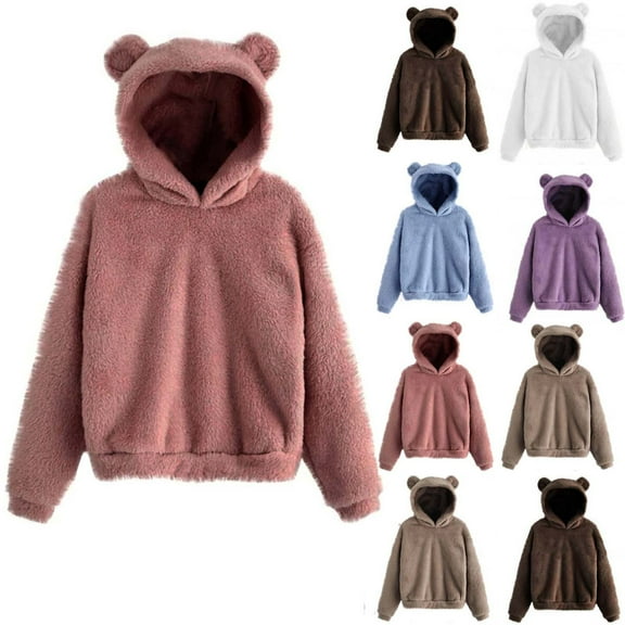 HAPIMO Sales Sweatshirt for Women Fuzzy Fleece Pullover Tops Solid Color Long Sleeve Relaxed Fit Womens Plush Cute Ear Hoodie Sweatshirt Teen Girls Clothes Brown M