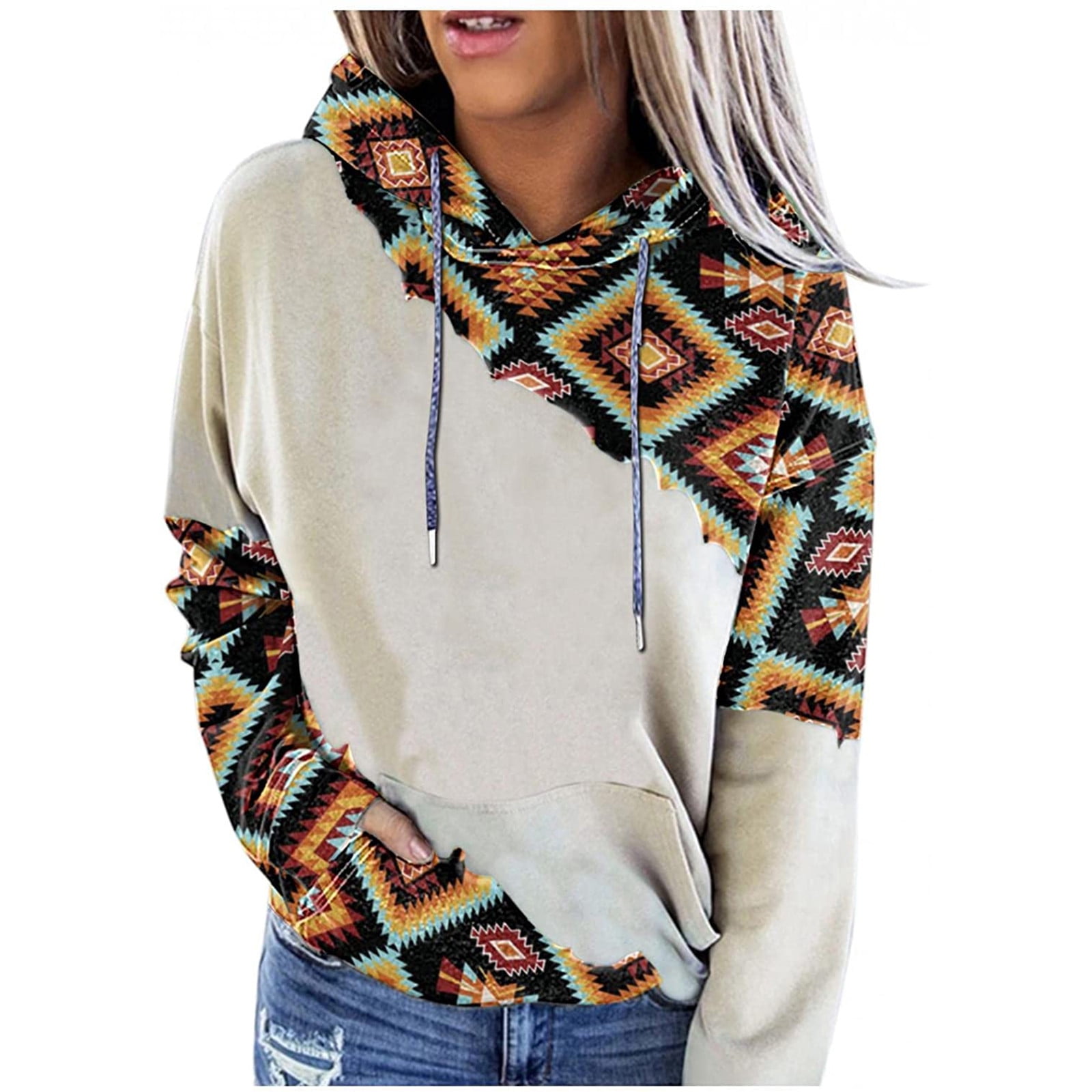 HAPIMO Rollbacks Sweatshirt for Women Pocket Drawstring Pullover Tops  Weatern Vintage Ethnic Graphic Print Long Sleeve Relaxed Fit Womens Hoodie  Stitching Sweatshirt Teen Girls Clothes Orange S 