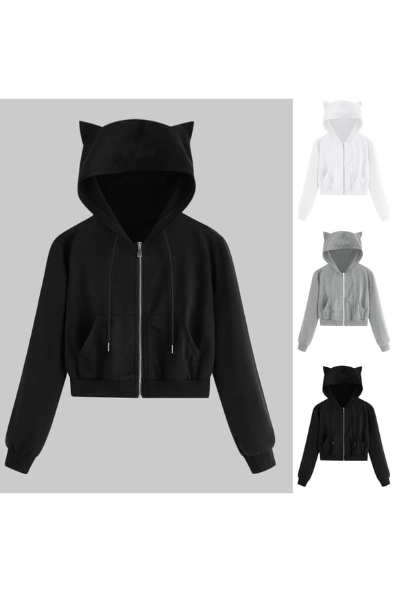 Sales Sweatshirt for Women Zipper Pocket Drawstring Crop Pullover Tops Solid Color Long Sleeve Relaxed Womens Cat Ear Hoodie Sweatshirt Teen Girls Clothes White XXXL