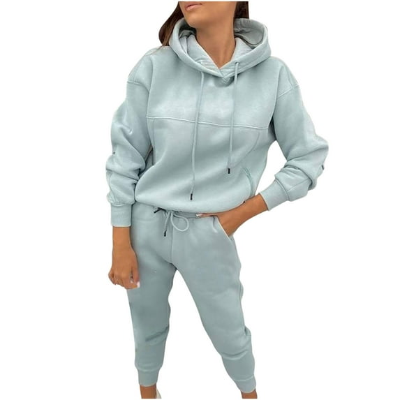 HAPIMO Sales Two Piece Sport Suit for Women Casual Solid Color Thick Hooded Sweatshirt+Jogger Sweatpant Fall Fashion Sets Green XL