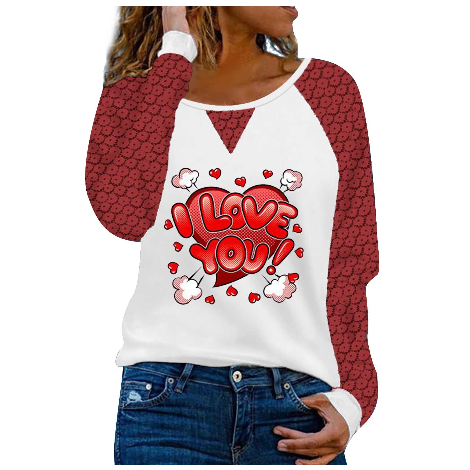 HAPIMO Sales Valentine's Day Shirts for Women Lace Long Sleeve T-Shirt  Womens Classic Cozy Blouse Crewneck Pullover Valentine Graphic Print Tops