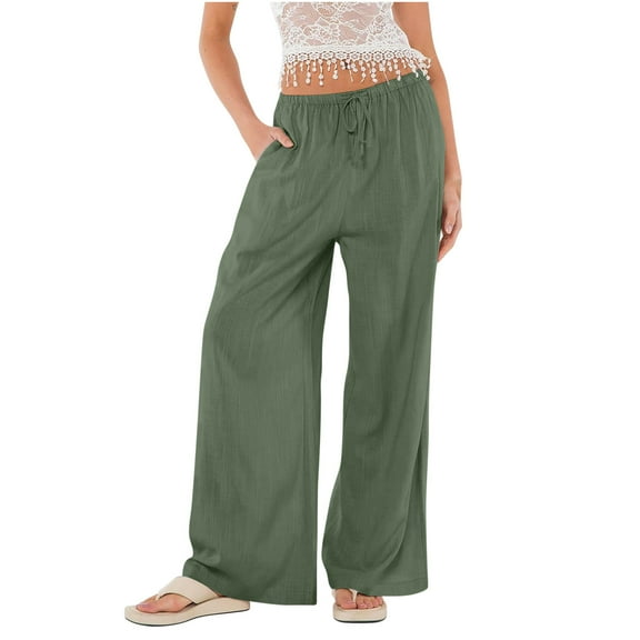 HAPIMO Sales Wide Leg Pants for Women Elastic High Waist Casual Comfy Pants Womens Linen Drawstring Loose Trousers Solid Color Teens Fall Fashion Outfits Green M