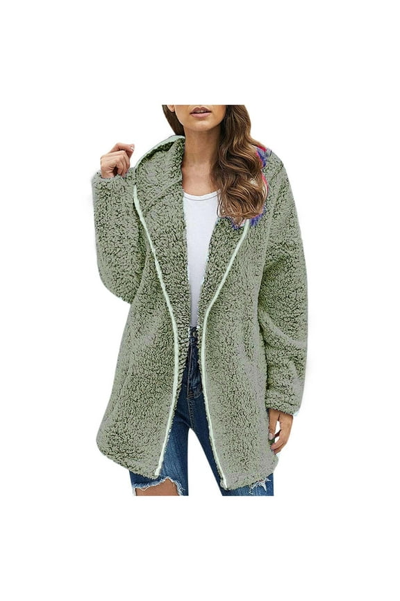 Sales Winter Sherpa Coats for Women Solid Open Front Padded Jacket Girls Fall Fashion Tops Casual Comfy Long Sleeve Womens Faux Lambwool Hoodie Outwear Green S