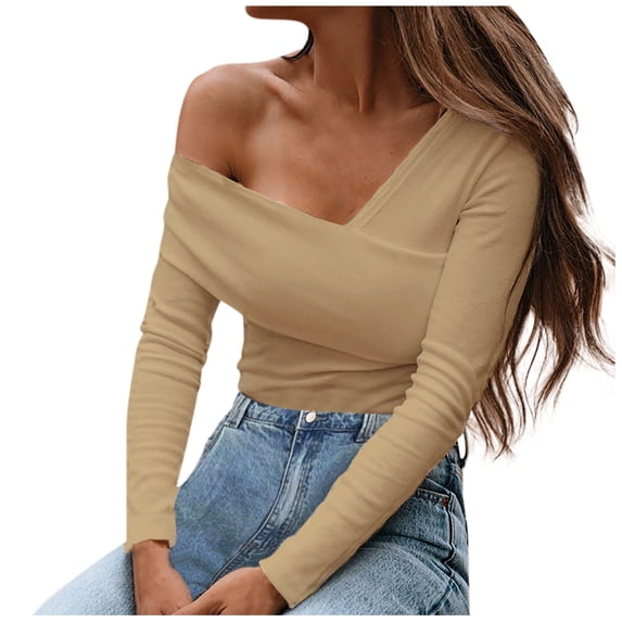 HAPIMO Sales Women Asymmetrical Neck Shirts Loose Casual Long Sleeve Solid Skew Collar Casual Blouse T-shirt Strapless Tops Teen Grils Fashion Clothes Khaki M