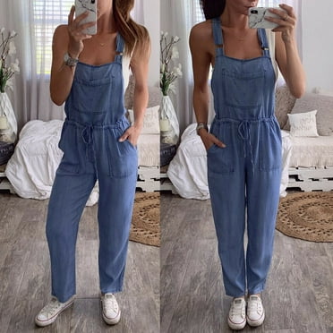HAPIMO Sales Women One-Piece Jumpsuits Overalls Pocket Denim Jeans Bib Trousers Long Pants Dungarees with Drawstring Blue L