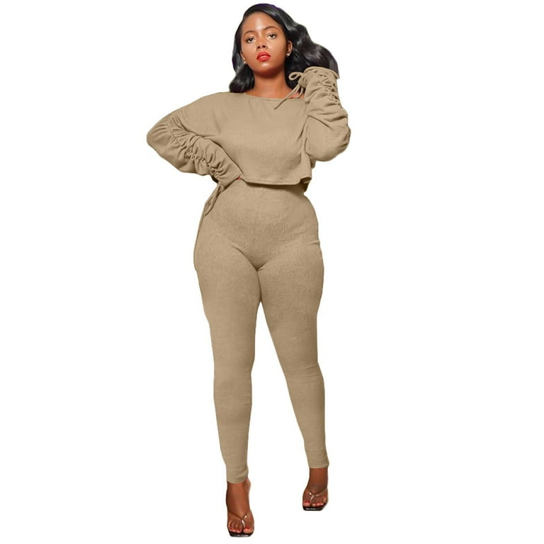 HAPIMO Sales Women's Fashion Long Sleeve Top Slim Thread Pleated Trousers  Solid Casual Sports Suit Khaki L 