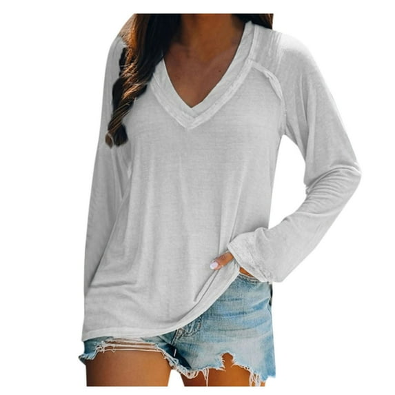 HAPIMO Sales Women's Fashion Shirts Long Sleeve Blouse V-Neck Pullover T-Shirt Clothes for Women Solid Color Tops Cozy Casual Sweatshirt White XXXXL