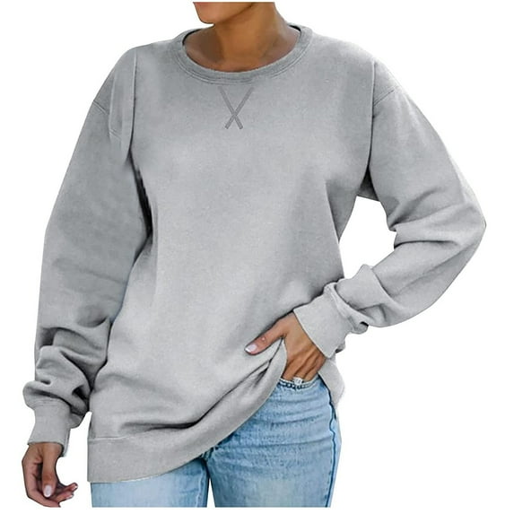 HAPIMO Sales Women's Fashion Shirts T-Shirt Clothes for Women Long Sleeve Blouse O-Neck Pullover Cozy Casual Sweatshirt Solid Color Plus Size Tops Gray S