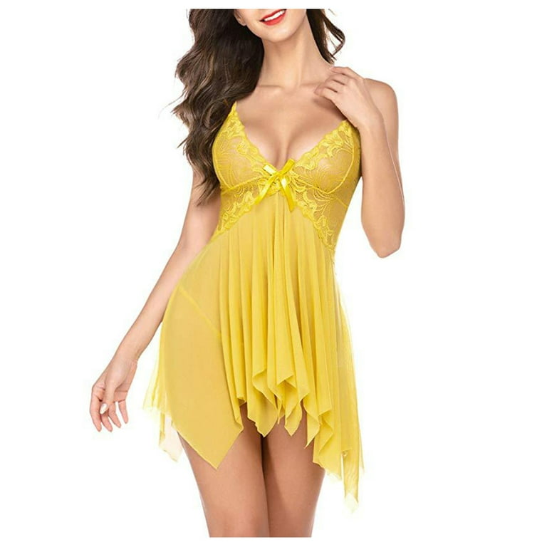 HAPIMO Sales Women's Lingerie Lace Cozy Babydoll See Through Mesh Plus Size  Strap Chemise Halter Pleat Swing Nightwear Nightgown Yellow S 