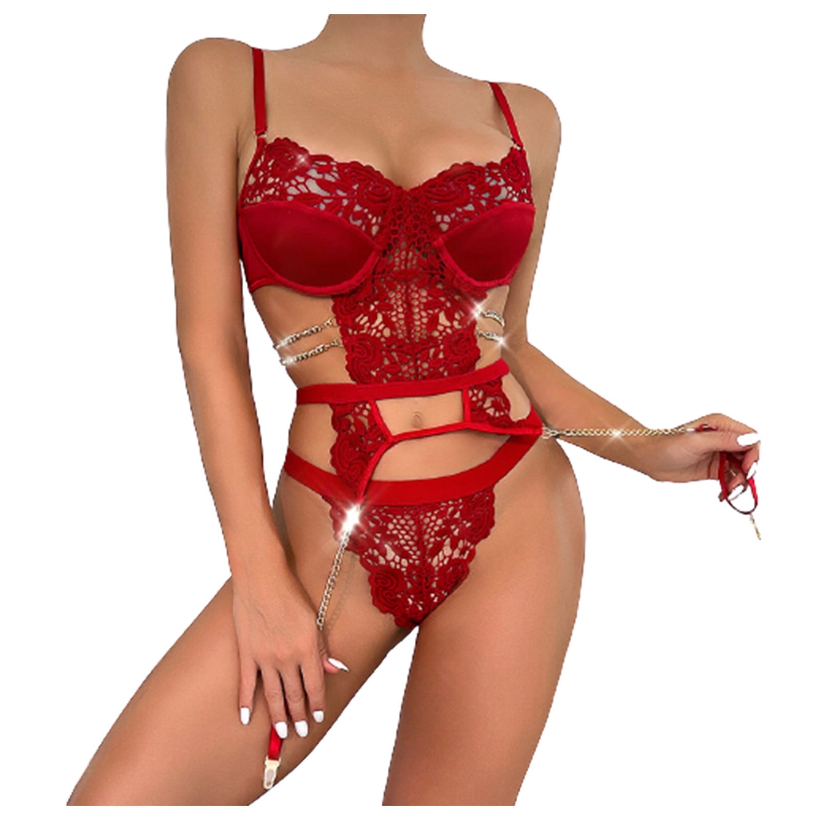 HAPIMO Sales Women's Lingerie Set Naughty Sheer Cozy Babydoll Bodysuit with  Garter Belts Hollow Out Nightwear Bandage Lingerie Red M