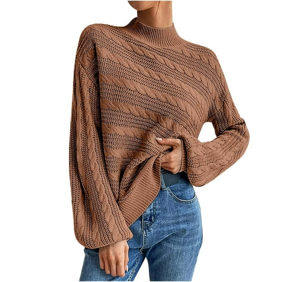HAPIMO Sales Women's Long Sleeve Sweater Casual Turtleneck Chunky Knit Loose Oversized Pullover Winter Solid Jumper Tops Teen Girls Clothes Brown S