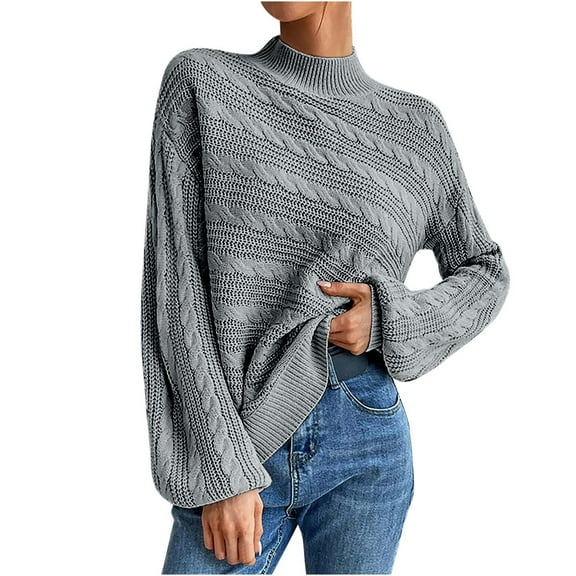 HAPIMO Sales Women's Long Sleeve Sweater Casual Turtleneck Chunky Knit Loose Oversized Pullover Winter Solid Jumper Tops Teen Girls Clothes Gray S