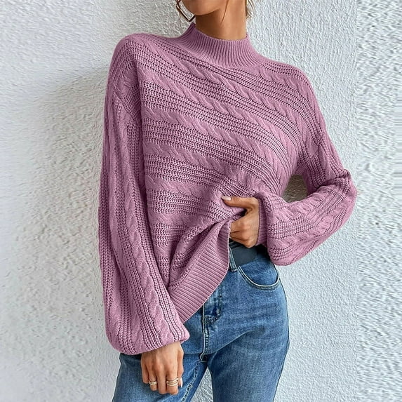 HAPIMO Sales Women's Long Sleeve Sweater Casual Turtleneck Chunky Knit Loose Oversized Pullover Winter Solid Jumper Tops Teen Girls Clothes Purple S