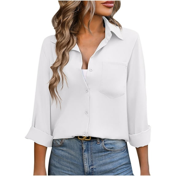 HAPIMO Sales Women's Loose Linen Shirts Button Down Solid Color Lapel Collar T-shirt Blouse Tops Long Shirts for Women Teen Grils Fashion Clothes White S