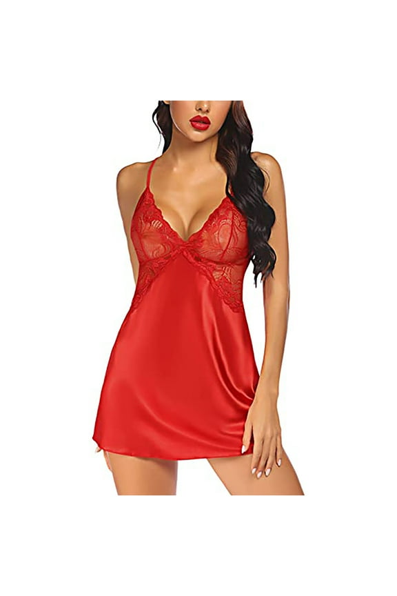 Sales Women's Pleat Lingerie Sleepwear Lounge Lingerie Casual V Neck Nightwear Satin Sleep Lace Chemise Mini Dress Red XXL