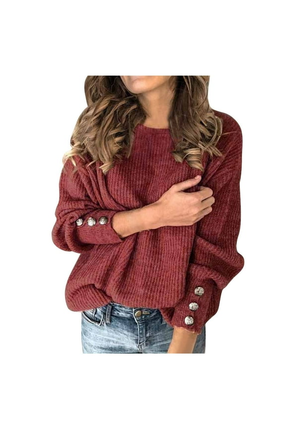 Sales Women's Round Neck Knitted Sweater Button Long Sleeve Solid Color Elegant Casual Pullover Jumper Tops Teen Grils Fashion Clothes Wine XXL