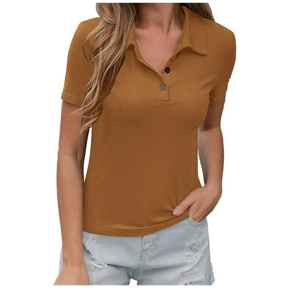 HAPIMO Sales Women's Short Sleeve Shirts Relaxed-Fit Pullover Blouse Casual Tee Shirt Fashion Clothing Solid Color Tops Button V-Neck Sweatshirt Gifts for Women Khaki L