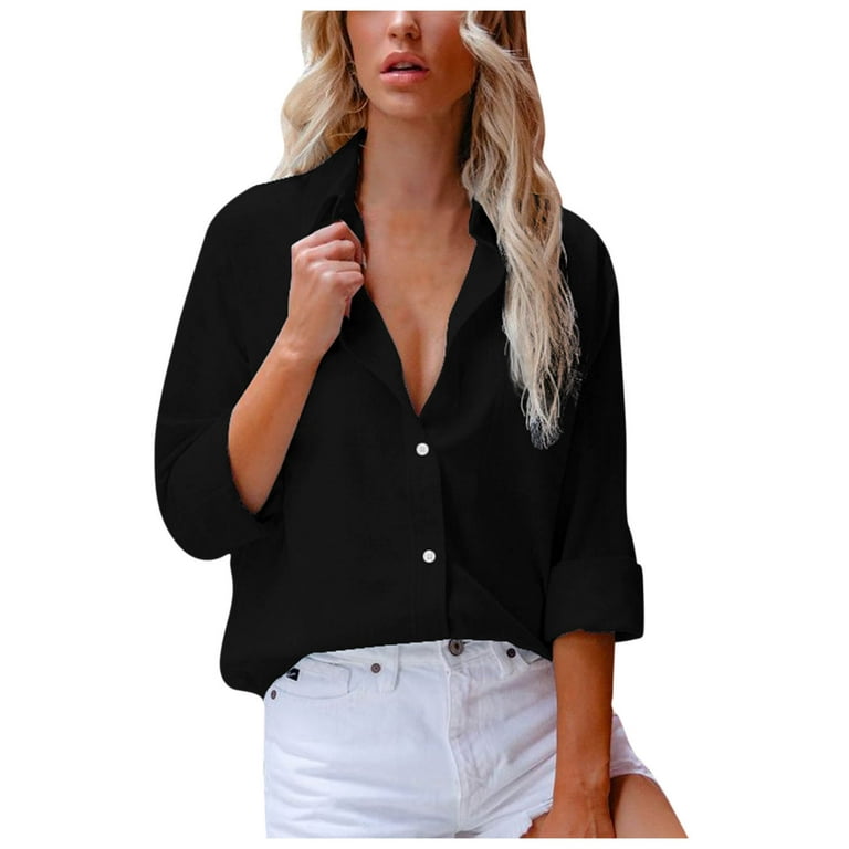 HAPIMO Sales Womens Casual Pockets Blouse Solid Turn-Down Neck Long Sleeve  Casual Loose T-Shirt Button Down Tops Teen Grils Fashion Clothes Black XL