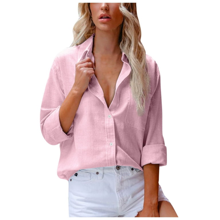 HAPIMO Sales Womens Casual Pockets Blouse Solid Turn-Down Neck Long Sleeve  Casual Loose T-Shirt Button Down Tops Teen Grils Fashion Clothes Pink XXL