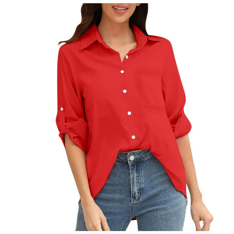 HAPIMO Sales Womens Casual Pockets Blouse Solid Turn-Down Neck Long Sleeve  Casual Loose T-Shirt Button Down Tops Teen Grils Fashion Clothes Red XL 