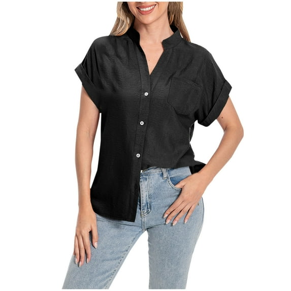 HAPIMO Sales Womens Casual Pockets Blouse Solid Turn-Down Neck Short Sleeve Casual Loose T-Shirt Button Down Tops Teen Grils Fashion Clothes Black
