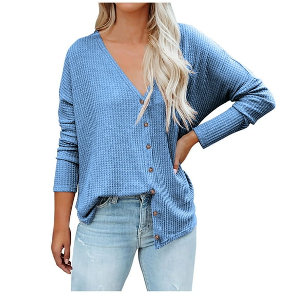 HAPIMO Sales Womens Chunky Sweater Button Down V-Neck Knit Sweater Long Sleeve Solid Color Casual Fall Winter Jumper Tops Teen Grils Fashion Clothes Blue XL