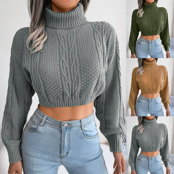 HAPIMO Sales Womens Crewneck Sweaters Casual Knit Cropped Tops Fall Fashion Long Sleeve Pullover Crop Sweater Teen Girls Clothes Gray L