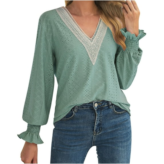 HAPIMO Sales Womens Slim Shirt Casual V Neck Lace Stitching Solid Color Long Sleeved Loose Tunic Shirt Daily Tops Teen Grils Fashion Clothes Green XXL