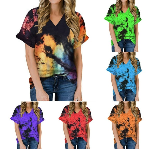 HAPIMO Sales Womens Summer Tops Crewneck Tee Shirt Tie Dye Graphic Print Teen Grils Fashion Clothes Short Sleeve Casual Comfy Pullover Tops Shirts for Women Black M
