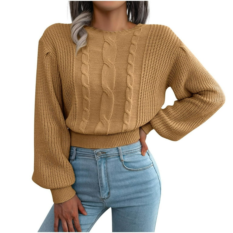Hapimo Sales Womens Sweaters Fall Fashion Lantern Sleeve Crewneck Twist Knitwear Solid Color Casual Jumper Pullover Sweaters for Women Khaki M
