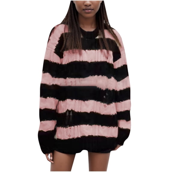 HAPIMO Sales Womens Sweaters Fall Fashion Long Sleeve Crewneck Knitwear Colorblocked Casual Jumper Striped Pullover Sweaters for Women Pink XXXL