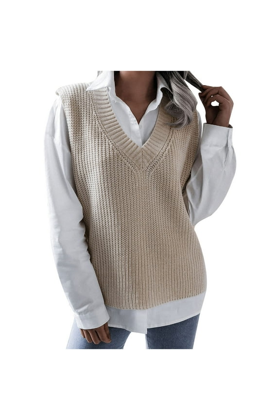 Sales Womens Sweaters Vest Fall Fashion Sleeveless V-neck Hollow Knitwear Solid Color Casual Jumper Pullover Sweaters for Women Beige S